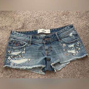Hollister Women's Light Blue Distressed Denim Shorts with Rhinestone Accents